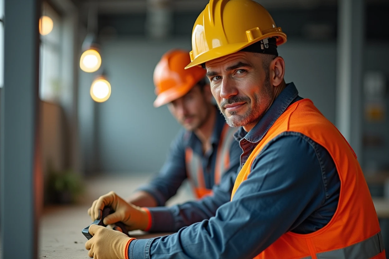 Equipo de luminarias y estructuras en montaje técnico